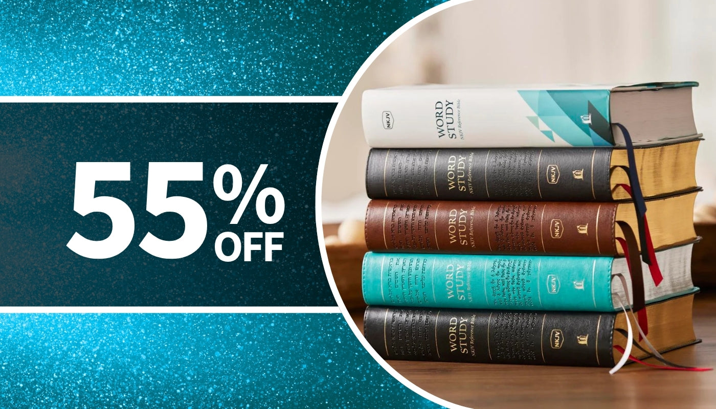 Stack of books with a 55% off discount banner on a blue background