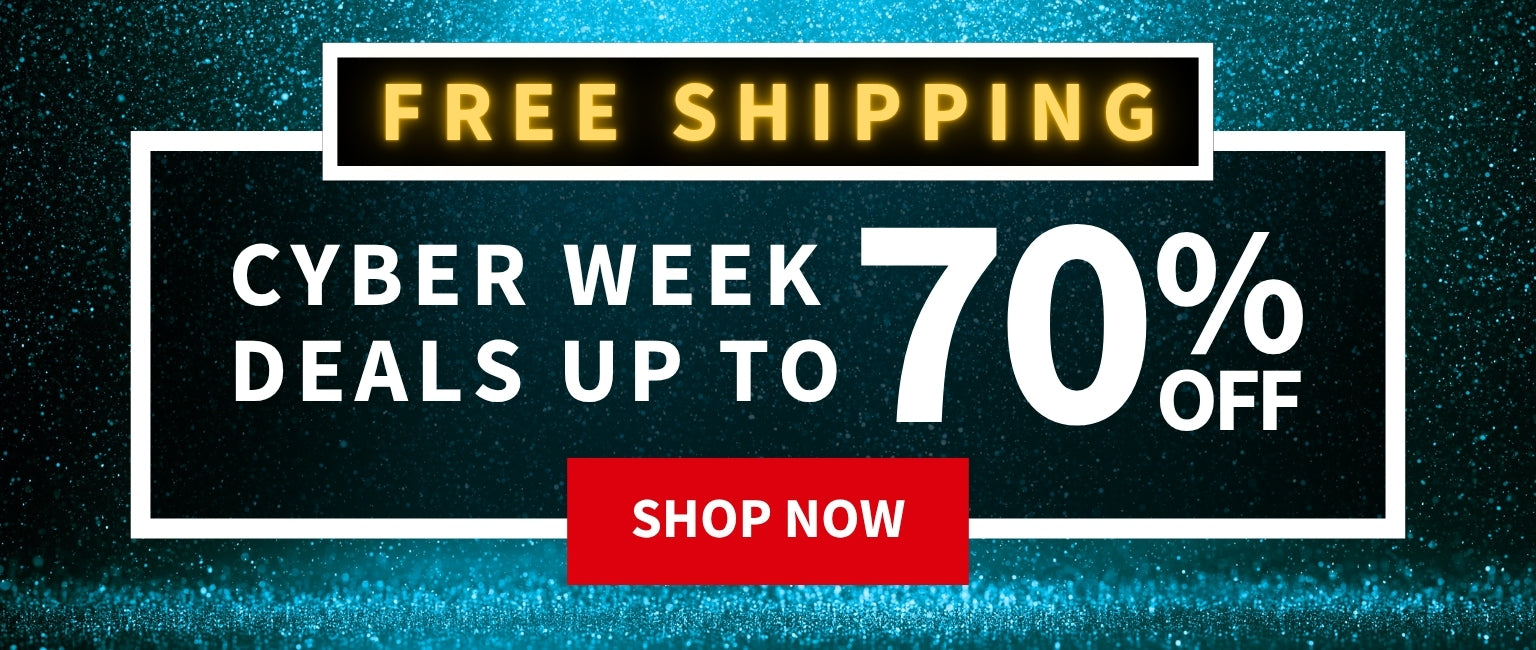 Promotional banner with free shipping offer and cyber week deals on a dark background - FREE SHIPPING Cyber Week Deals up to 70% off - $10 off $45+ with code: CYBER10 - Shop Now