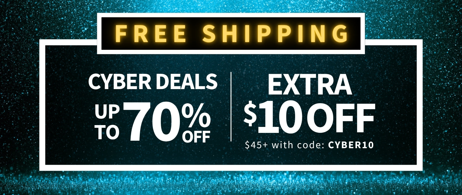 Promotional banner with free shipping offer and cyber week deals on a dark background - FREE SHIPPING Cyber Week Deals up to 70% off - $10 off $45+ with code: CYBER10 - Shop Now