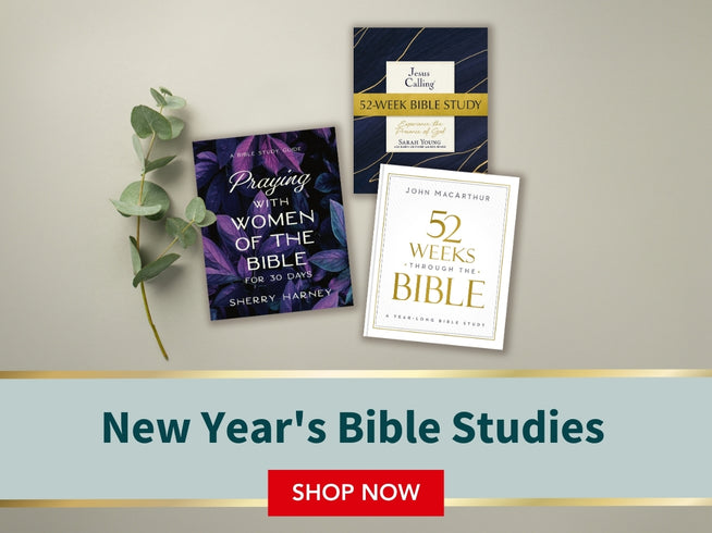 Three books on a surface with a plant, and a promotional banner at the bottom with the copy New Year's Bible Studies - Shop Now