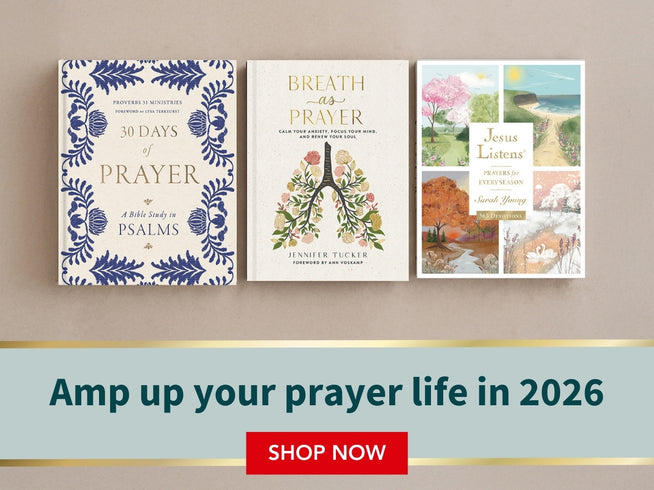 Three books on a shelf with promotional text about prayer life in 2026.