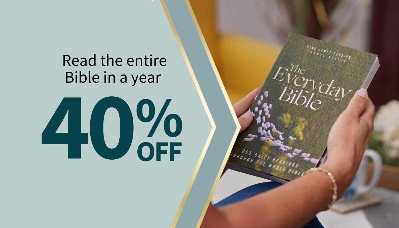 Promotional graphic for 'The Everyday Bible' with a discount offer on a light blue background.