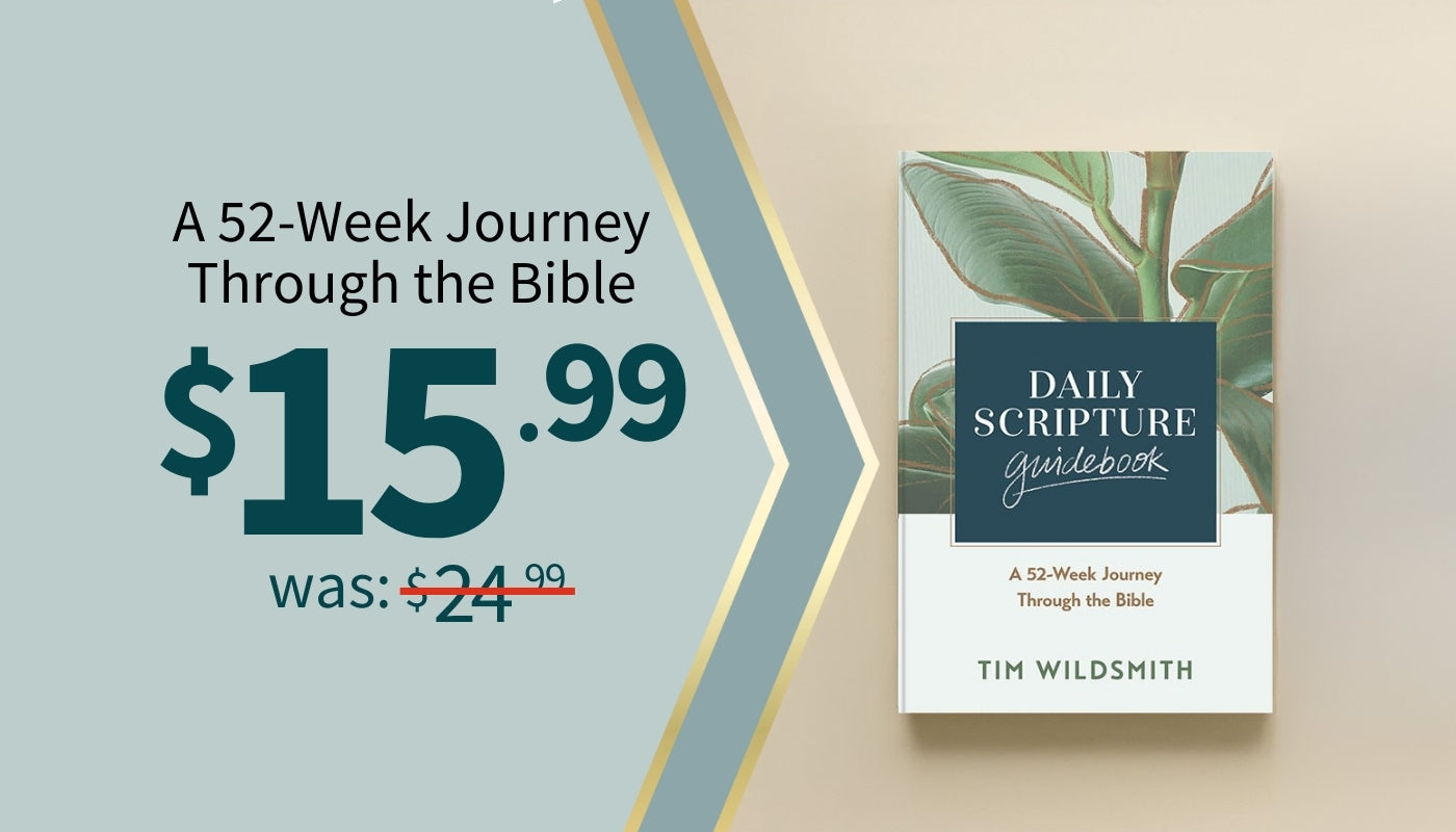 Daily Scripture guidebook with price reduction text on a light blue and beige background $15.99 was $24.99