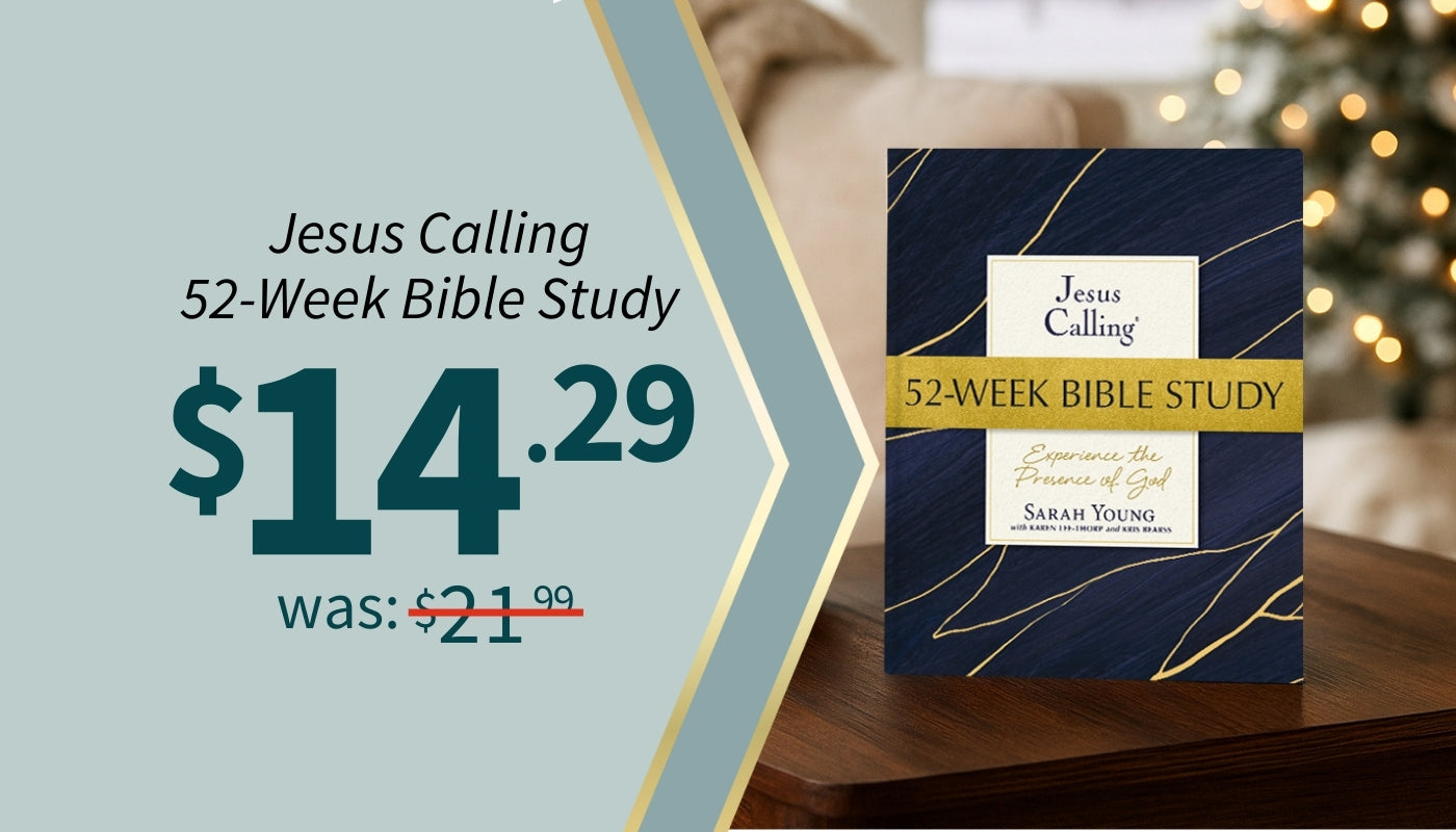 Bible study book titled 'Jesus Calling 52-Week Bible Study' with a price tag on a neutral background. $14.99 was $21.99