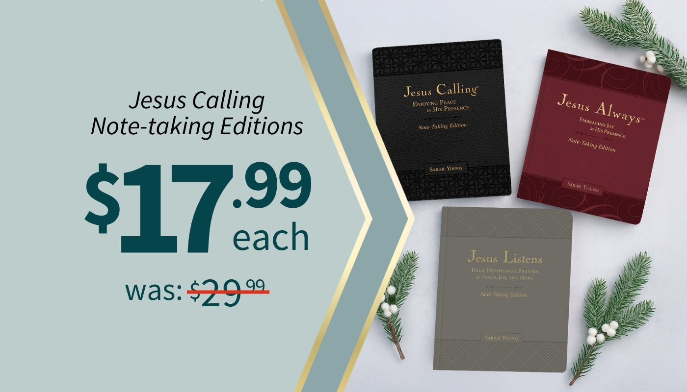 Promotional image of 'Jesus Calling' note-taking editions with price reduction text. $17.99 each was $29.99
