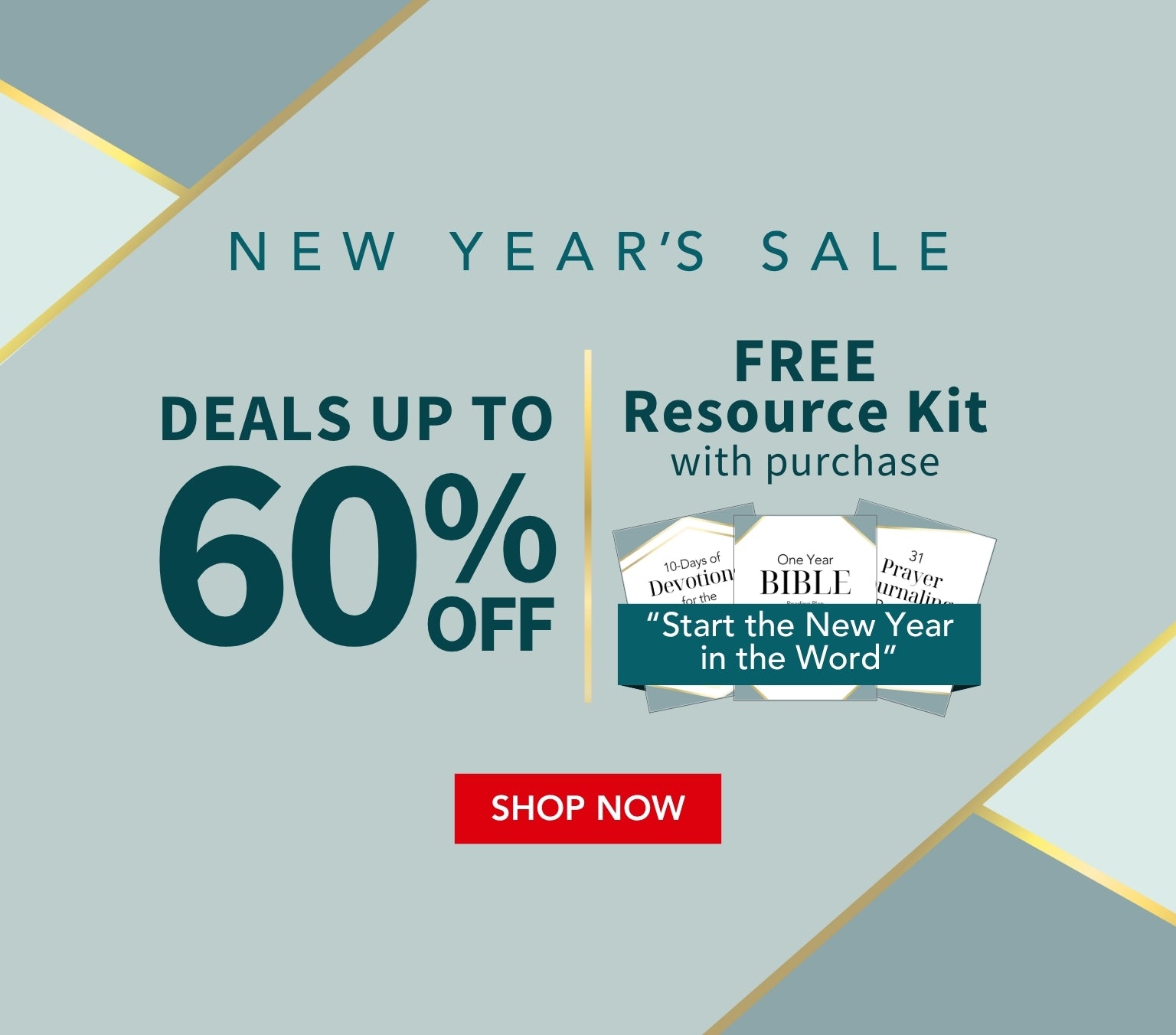 Advertisement for a New Year's sale with free resource kit offer on a blue and gray background with the copy New Year's Sale - Achieve your spiritual goals in 2026 with these top resources - Shop Now