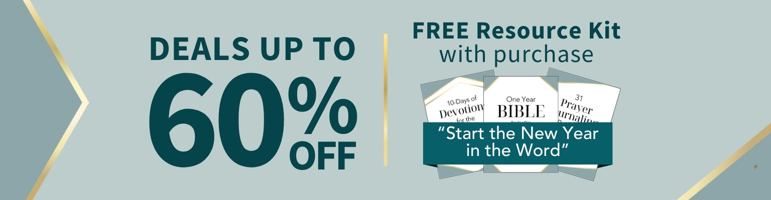 Advertisement for a New Year's sale with free resource kit offer on a blue and gray background with the copy New Year's Sale - Achieve your spiritual goals in 2026 with these top resources - Shop Now