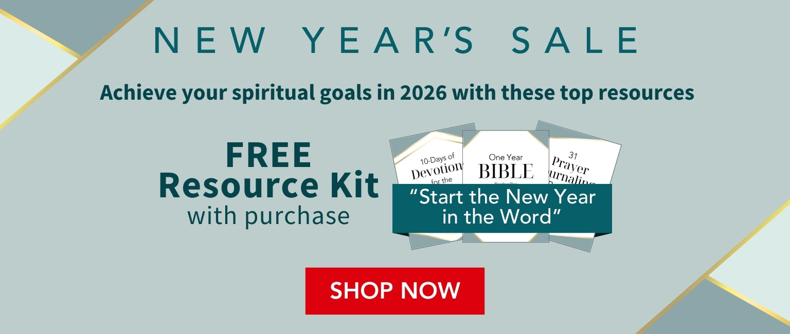 Advertisement for a New Year's sale with free resource kit offer on a blue and gray background with the copy New Year's Sale - Achieve your spiritual goals in 2026 with these top resources - Shop Now