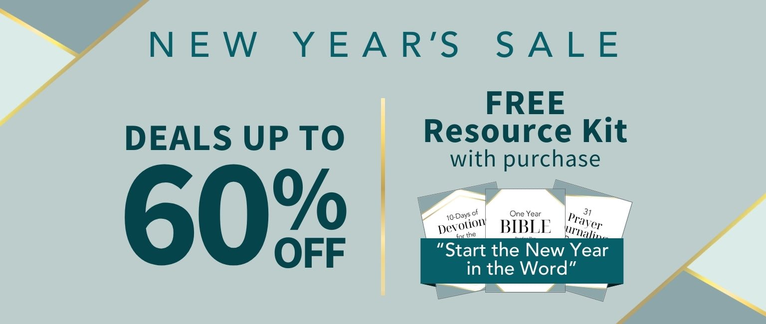 Promotional banner for New Year's Sale with discounts and a free resource kit offer. Deals up to 60% off