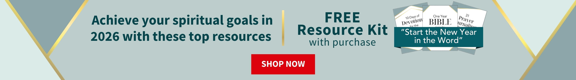 Advertisement for a New Year's sale with free resource kit offer on a blue and gray background with the copy New Year's Sale - Achieve your spiritual goals in 2026 with these top resources - Shop Now