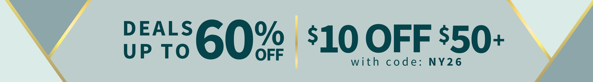 Promotional banner with discount text and code on a geometric background