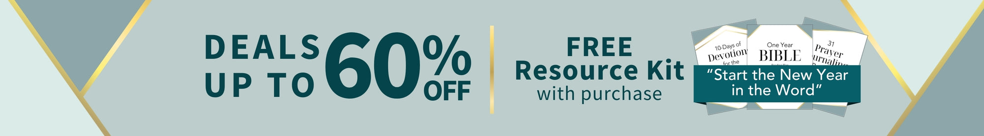 Promotional banner for New Year's Sale with discounts and a free resource kit offer. Deals up to 60% off