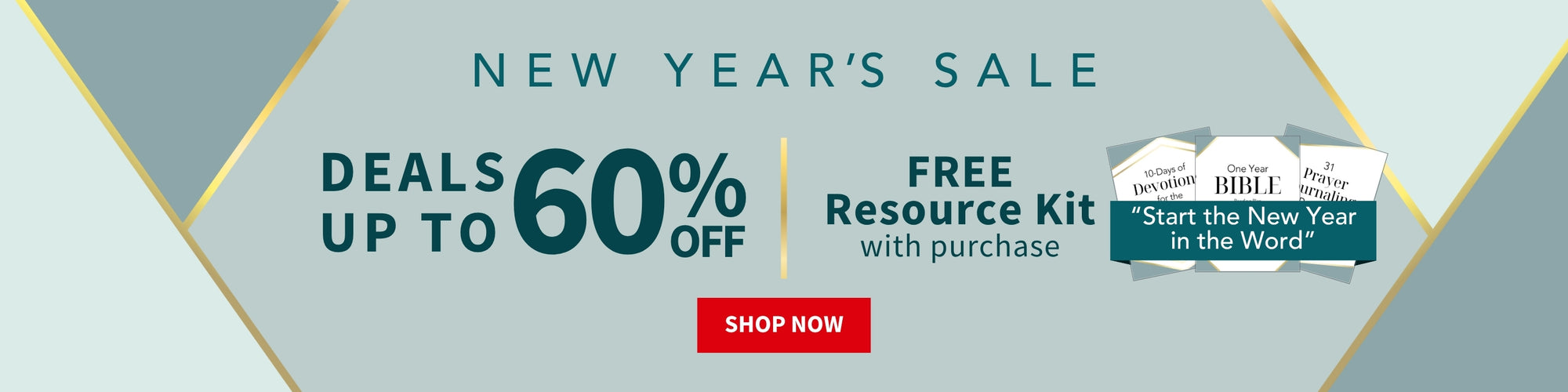 Advertisement for a New Year's sale with free resource kit offer on a blue and gray background with the copy New Year's Sale - Achieve your spiritual goals in 2026 with these top resources - Shop Now