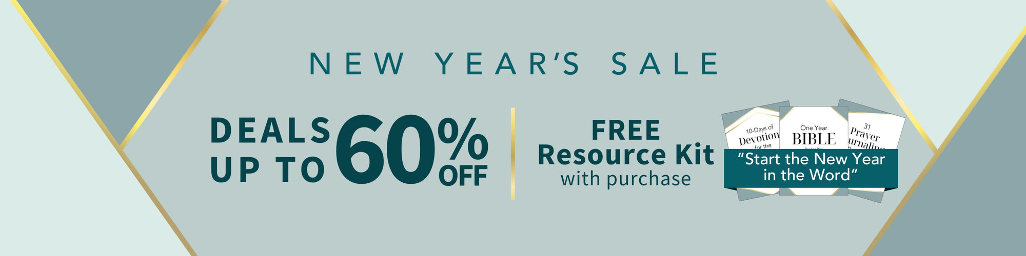 Promotional banner for New Year's Sale with discounts and a free resource kit offer. Deals up to 60% off
