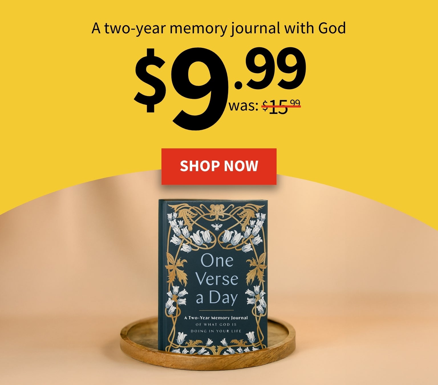 Two-year memory journal with God on a yellow background with text and a 'Shop Now' button.