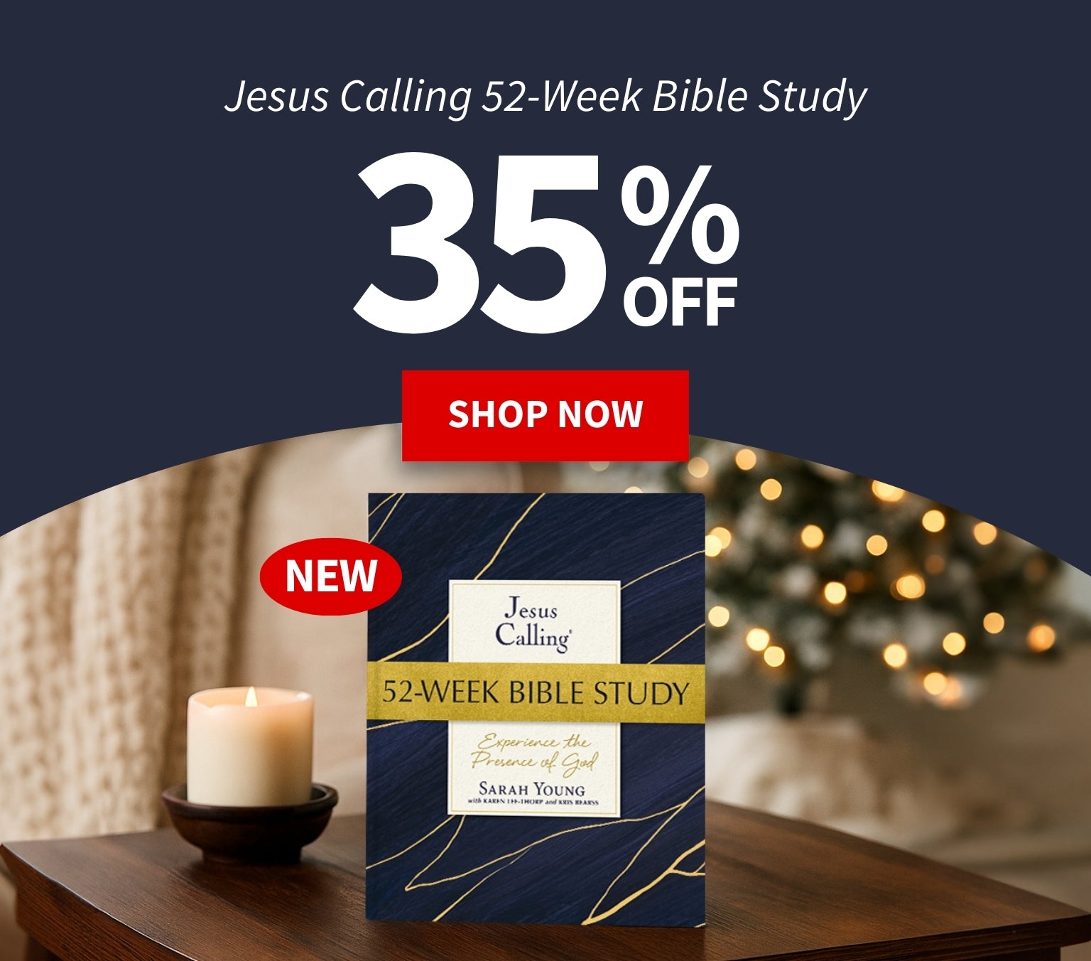 Bible study book titled 'Jesus Calling 52-Week Bible Study' with a 35% off discount on a dark blue background.