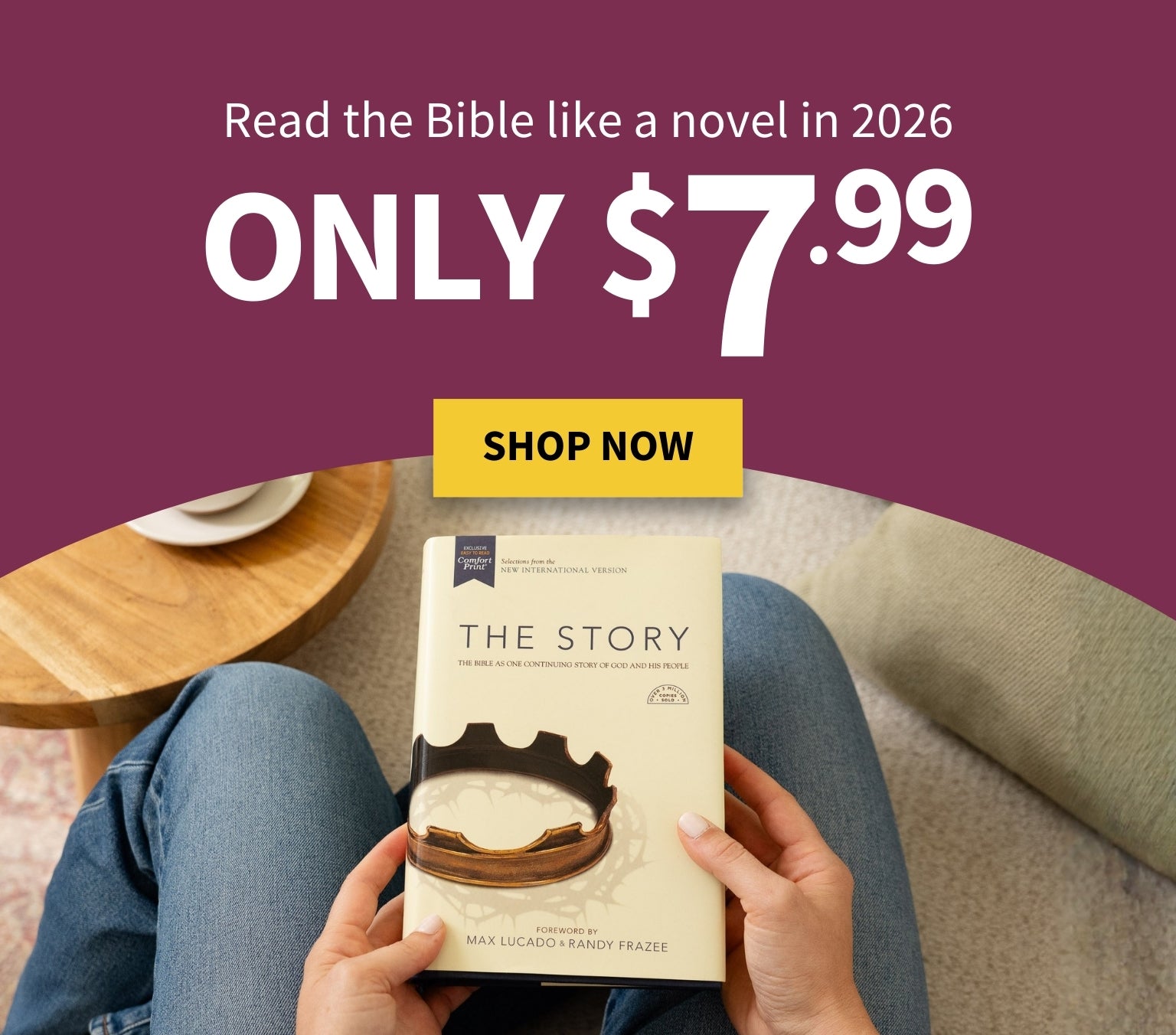 Person holding a book titled 'The Story' with promotional text on a purple background