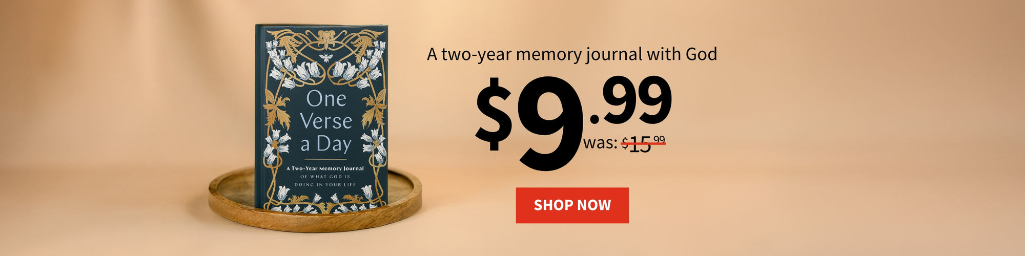 Memory journal with 'One Verse a Day' on a beige background with promotional text and price.