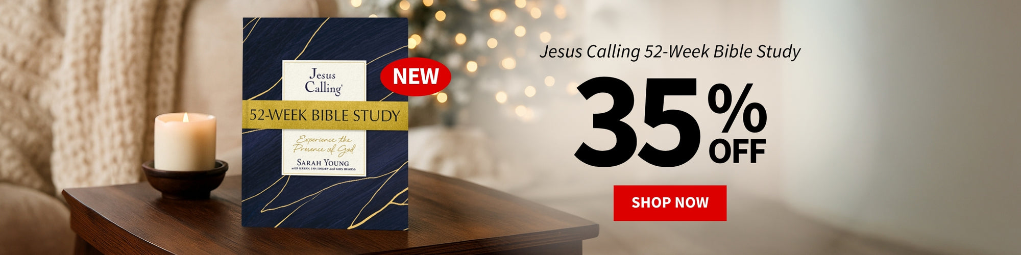 Bible study book with a candle on a table, promotional text for a 35% off offer.
