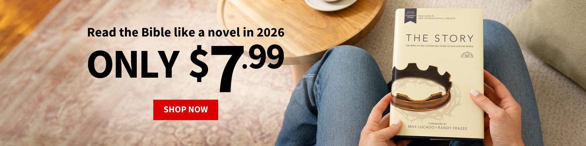 Person holding a book titled 'The Story' with promotional text about reading the Bible like a novel in 2026.