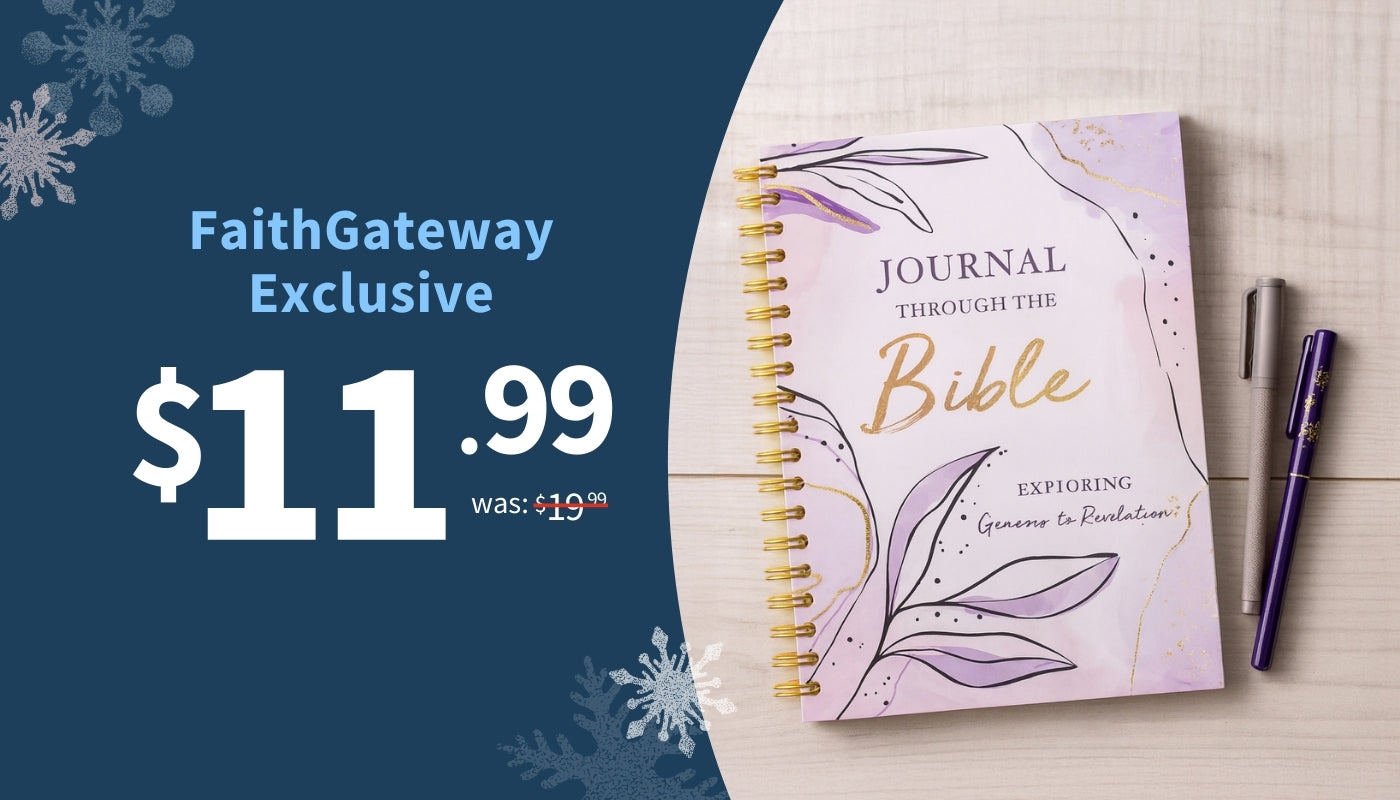 Journal through the Bible with a pen on a wooden surface, promotional text on a blue background