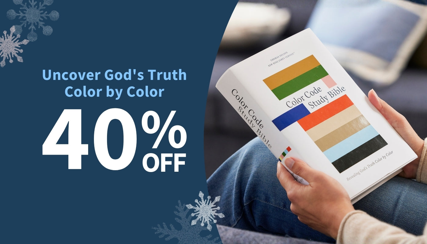 Person holding a book titled 'Color Code Study Bible' with promotional text for 40% off on a blue background.