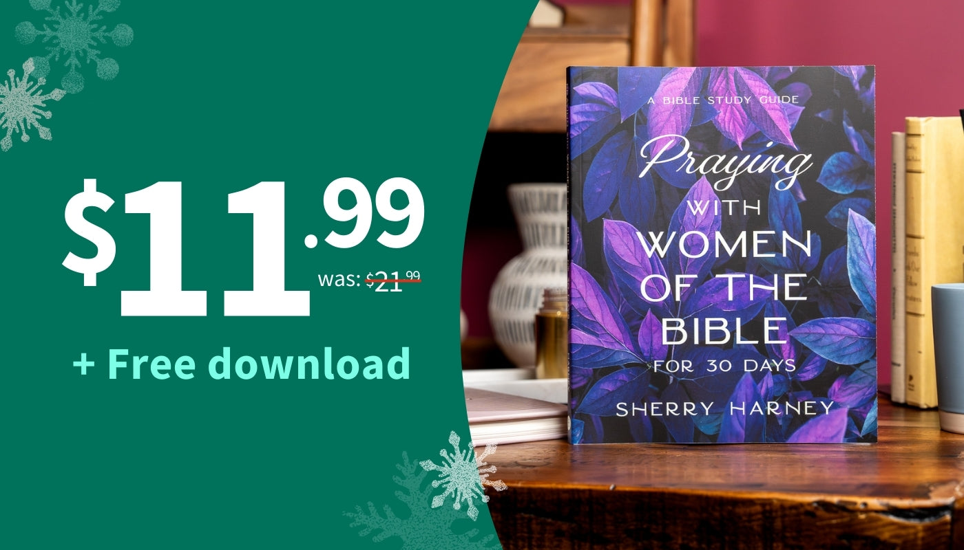 Book titled 'Praying with Women of the Bible' by Sherry Harney on a wooden surface with promotional text.