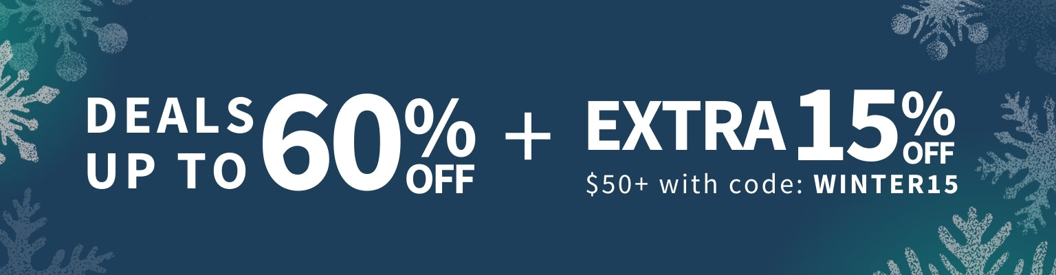 Promotional banner with winter sale text on a blue background