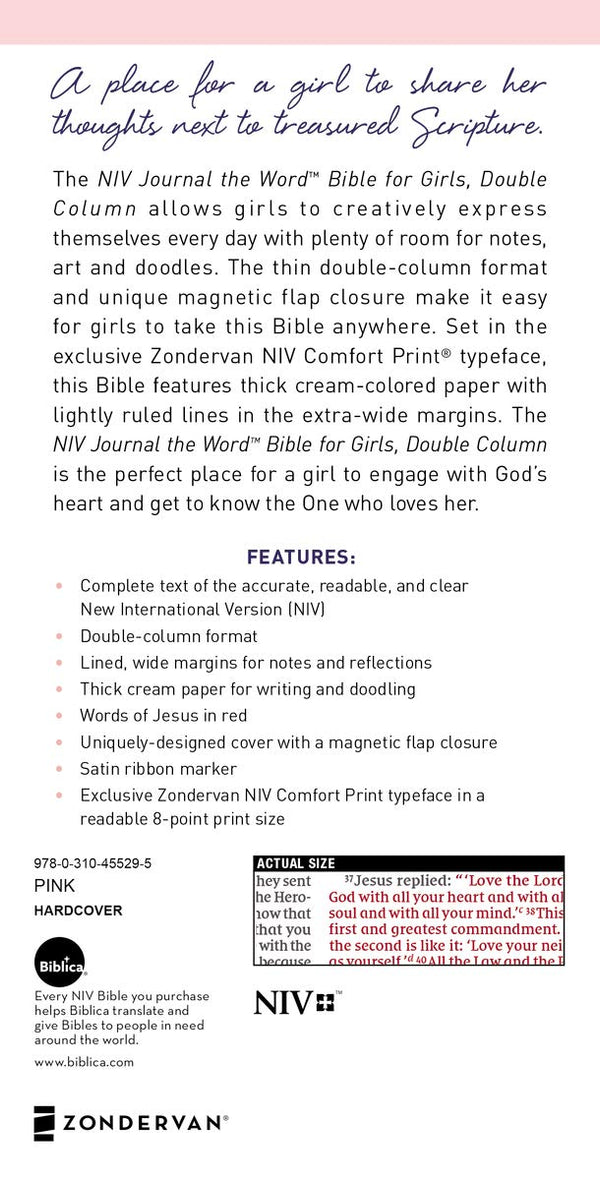 NIV, Journal the Word Bible for Girls, Double-Column, Magnetic Closure, Red Letter, Comfort Print: Reflect, Take Notes, or Create Art Next to Your Favorite Verses