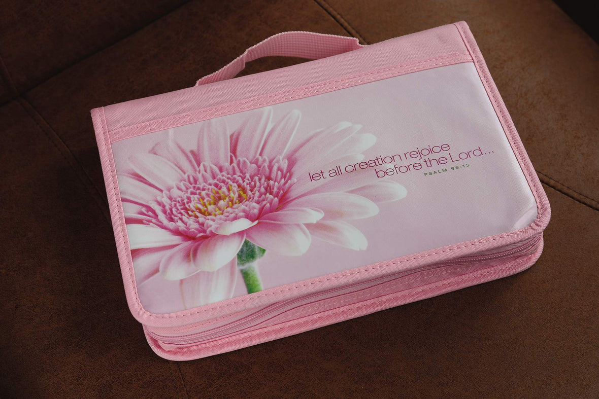 Psalm 96:13 Flower Bible Cover for Women, Zippered, with Handle, Canvas, Pink, Large